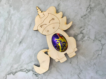 Engraved Wooden Easter Unicorn Decoration to hold Chocolate Easter Egg - Resplendent Aurora