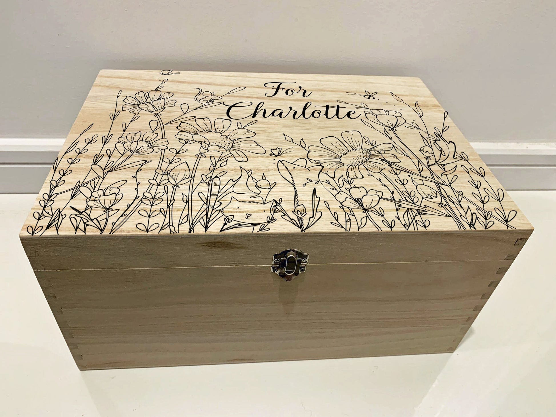 Large Personalised Engraved Wooden Keepsake Memory Box with Wild Flower Meadow, Butterfly, Mouse, Fox, Bees - Resplendent Aurora