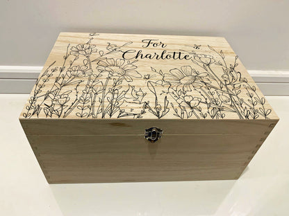 Large Personalised Engraved Easter Wooden Keepsake Memory Box with Wild Flower Meadow, Butterfly, Mouse, Fox, Bees - Resplendent Aurora