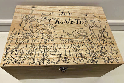 Large Personalised Engraved Wooden Keepsake Memory Box with Wild Flower Meadow, Butterfly, Mouse, Fox, Bees - Resplendent Aurora