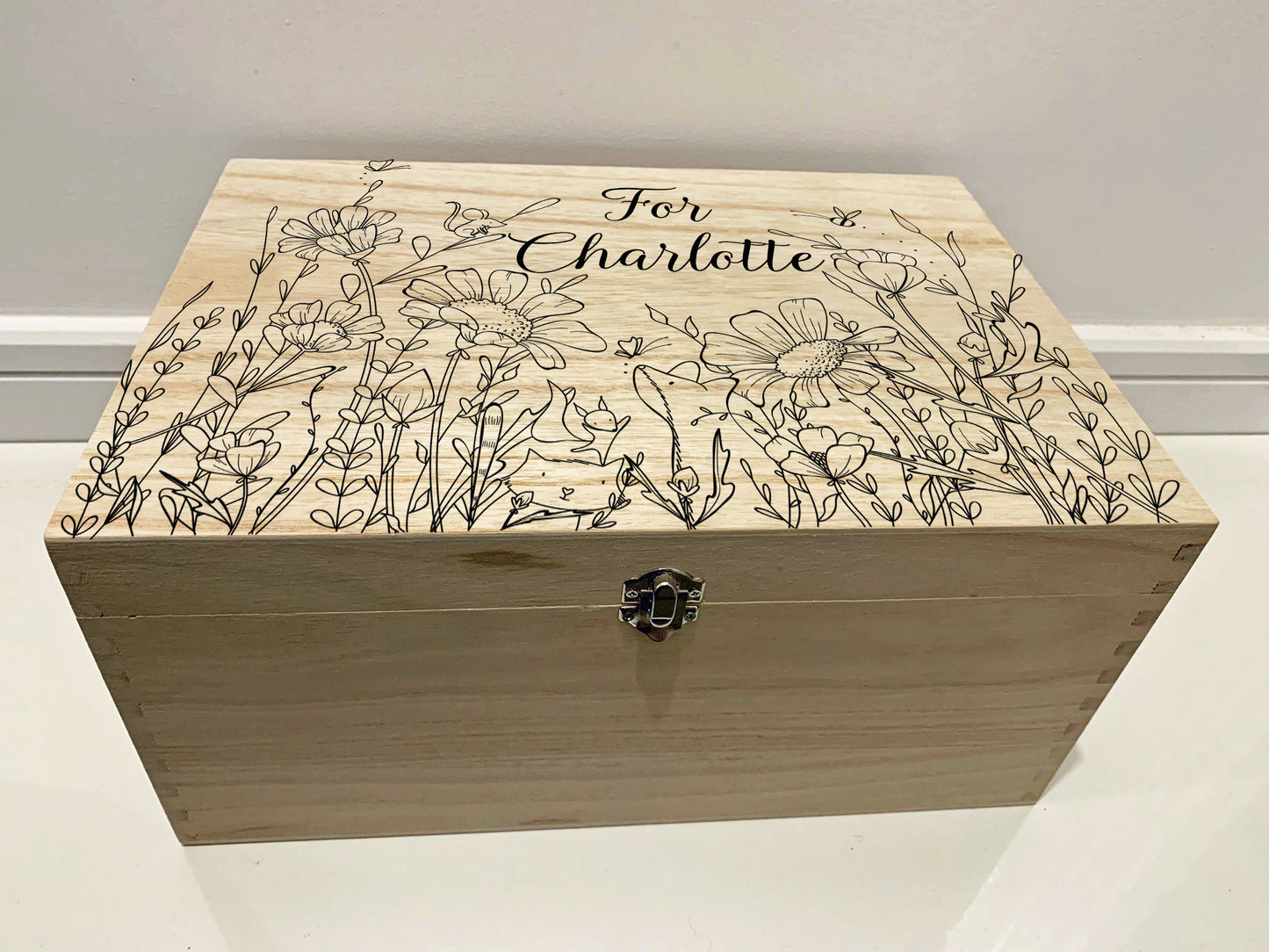 Large Personalised Engraved Easter Wooden Keepsake Memory Box with Wild Flower Meadow, Butterfly, Mouse, Fox, Bees - Resplendent Aurora