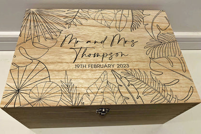 Large Personalised Engraved Wooden Wedding Keepsake Memory Box with Tropical Leaves and Ferns - Resplendent Aurora