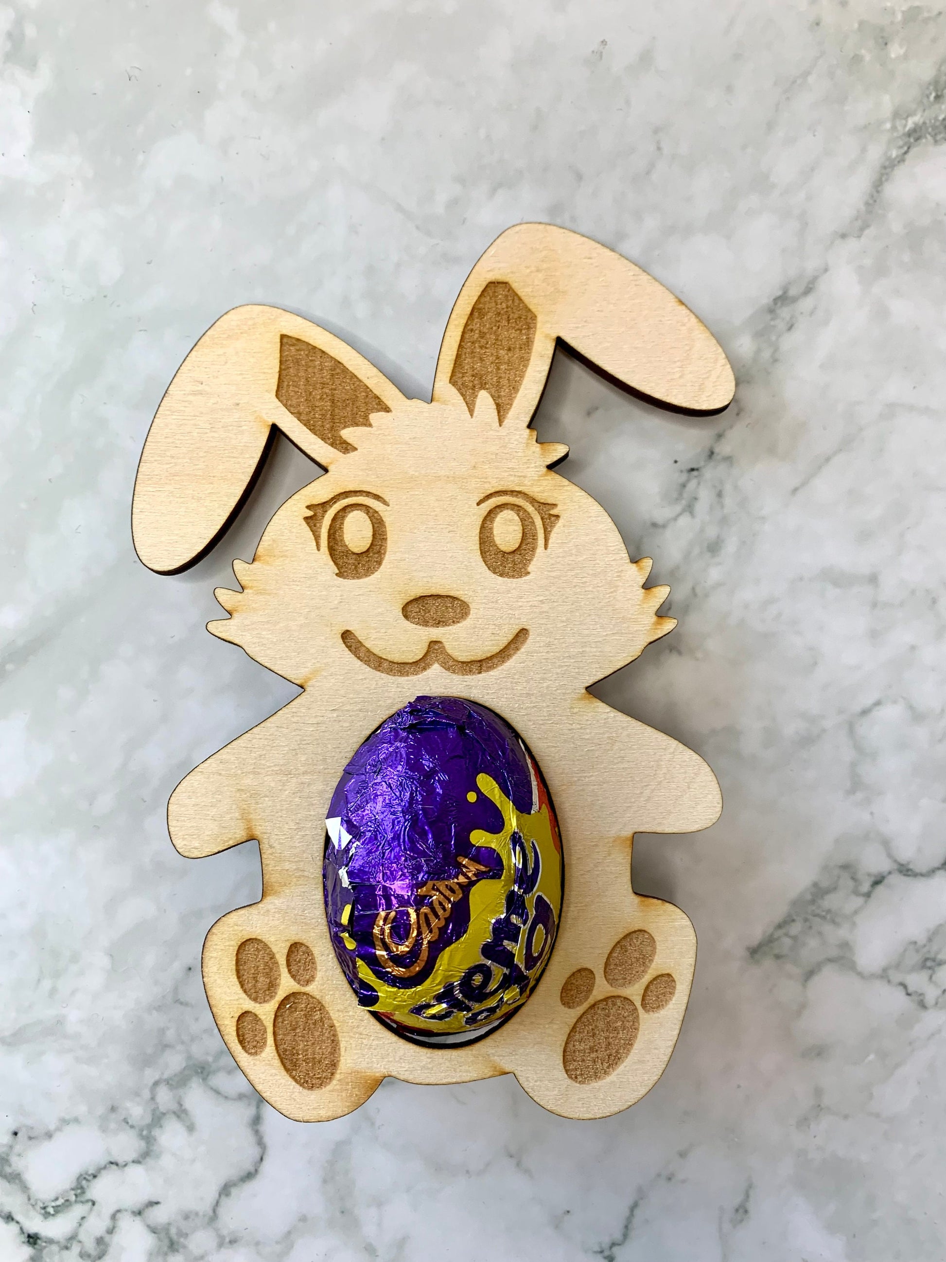 Resplendent Aurora | Engraved Wooden Easter Bunny Decoration to hold Chocolate Easter Egg