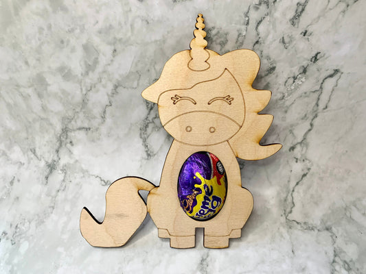 Resplendent Aurora | Engraved Wooden Easter Unicorn Decoration to hold Chocolate Easter Egg