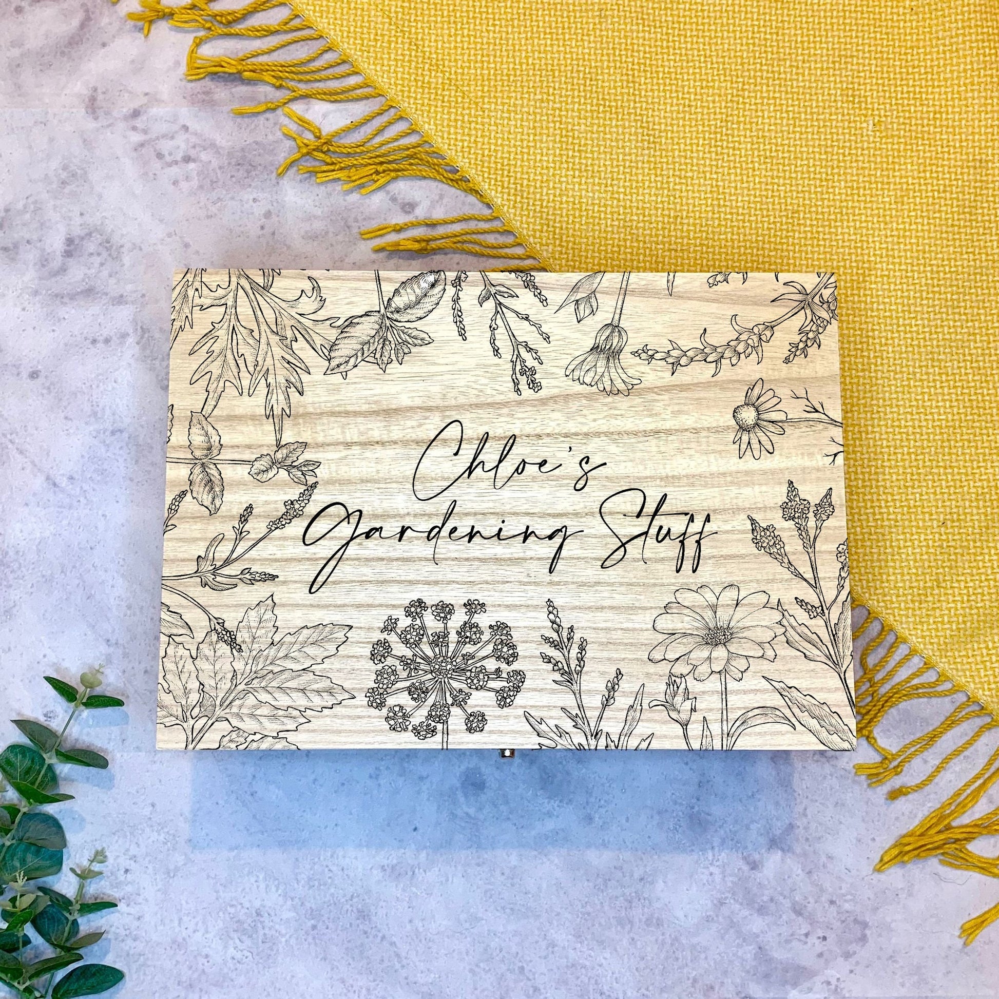 Large Personalised Engraved Wooden Wedding Keepsake Memory Box with Flowers and Herbs - Resplendent Aurora