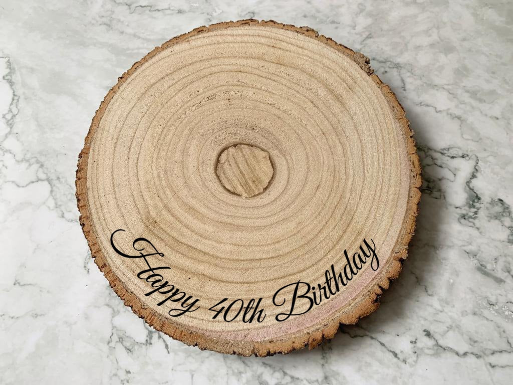 Personalised Engraved Wood Slice, Happy Birthday Cake Display Board - Resplendent Aurora