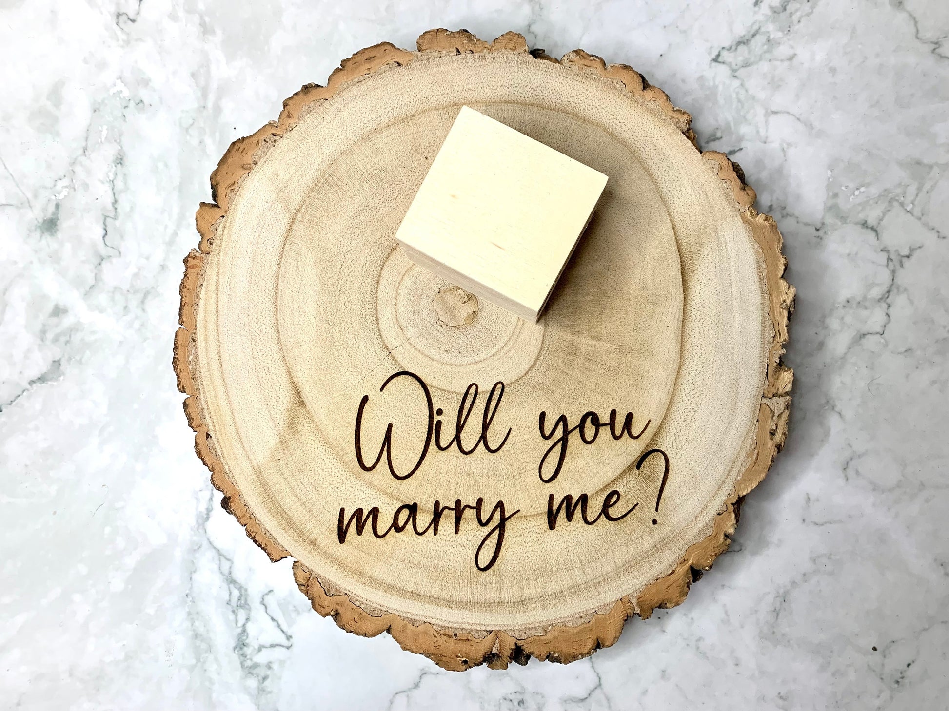 Personalised Engraved Wood Slice, Will You Marry Me Ring Display Board - Resplendent Aurora