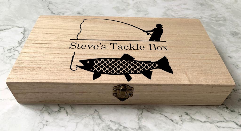 Personalised Engraved Wooden Fishing Box, Tackle Box with Fisherman and Fish - Resplendent Aurora