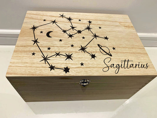 Large Personalised Engraved Wooden Keepsake Memory Box with Zodiac Star Signs - Resplendent Aurora