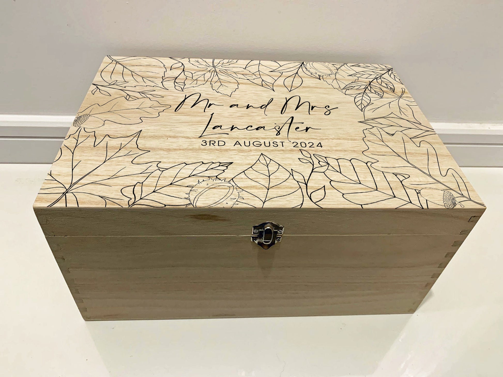 Large Personalised Engraved Wooden Wedding Keepsake Memory Box with Autumn Leaves - Resplendent Aurora