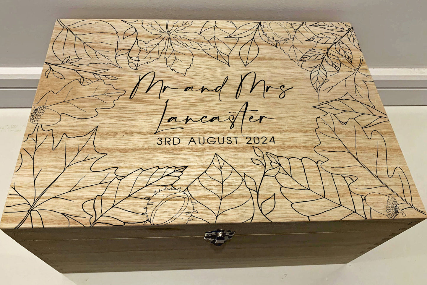 Large Personalised Engraved Wooden Wedding Keepsake Memory Box with Autumn Leaves - Resplendent Aurora