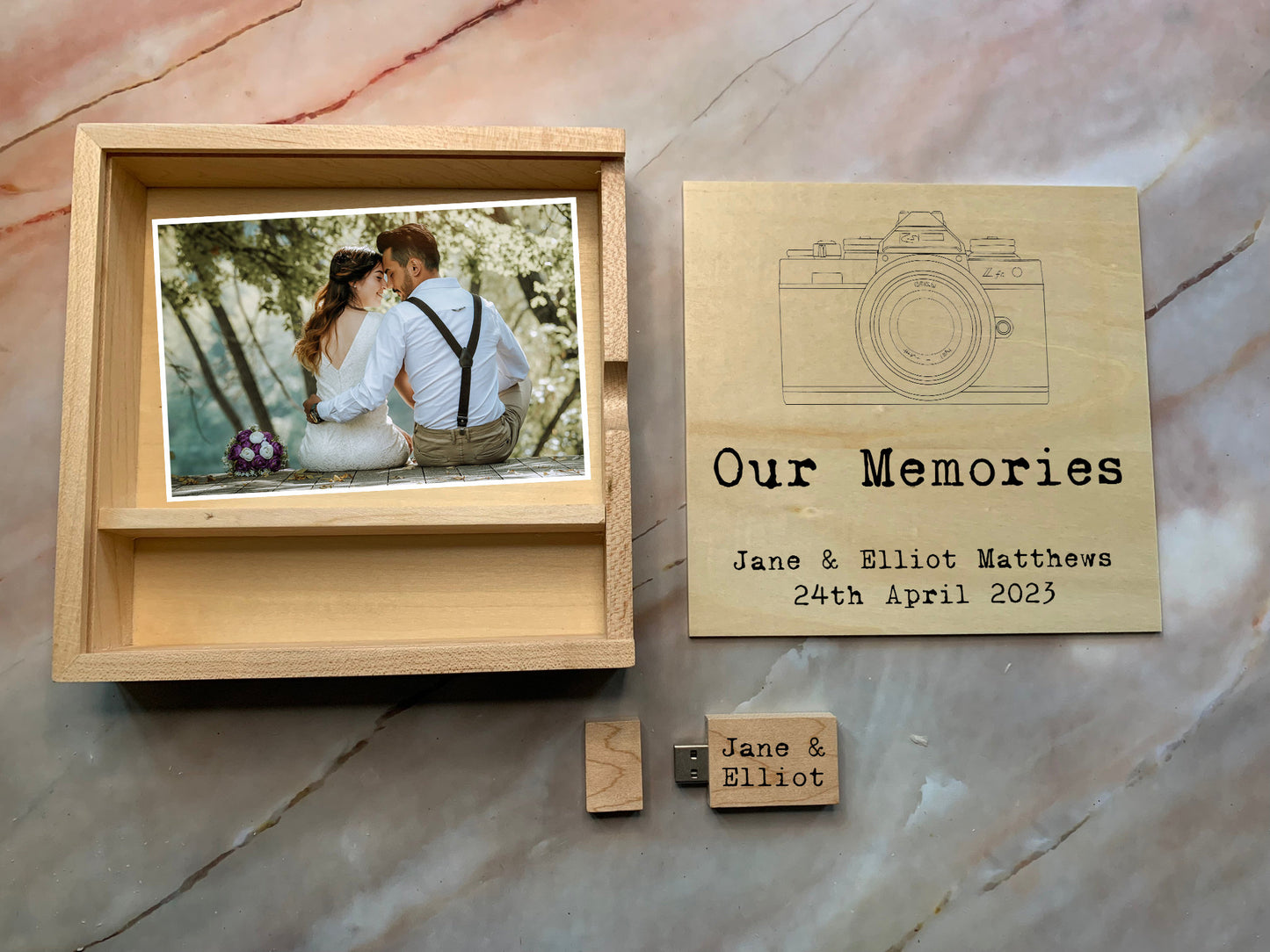 Resplendent Aurora | Personalised Wedding Memories Flash Drive USB Stick With Large Wooden Box in Maple or Walnut, 4GB, 8GB, 16GB, 32GB, 64GB with camera