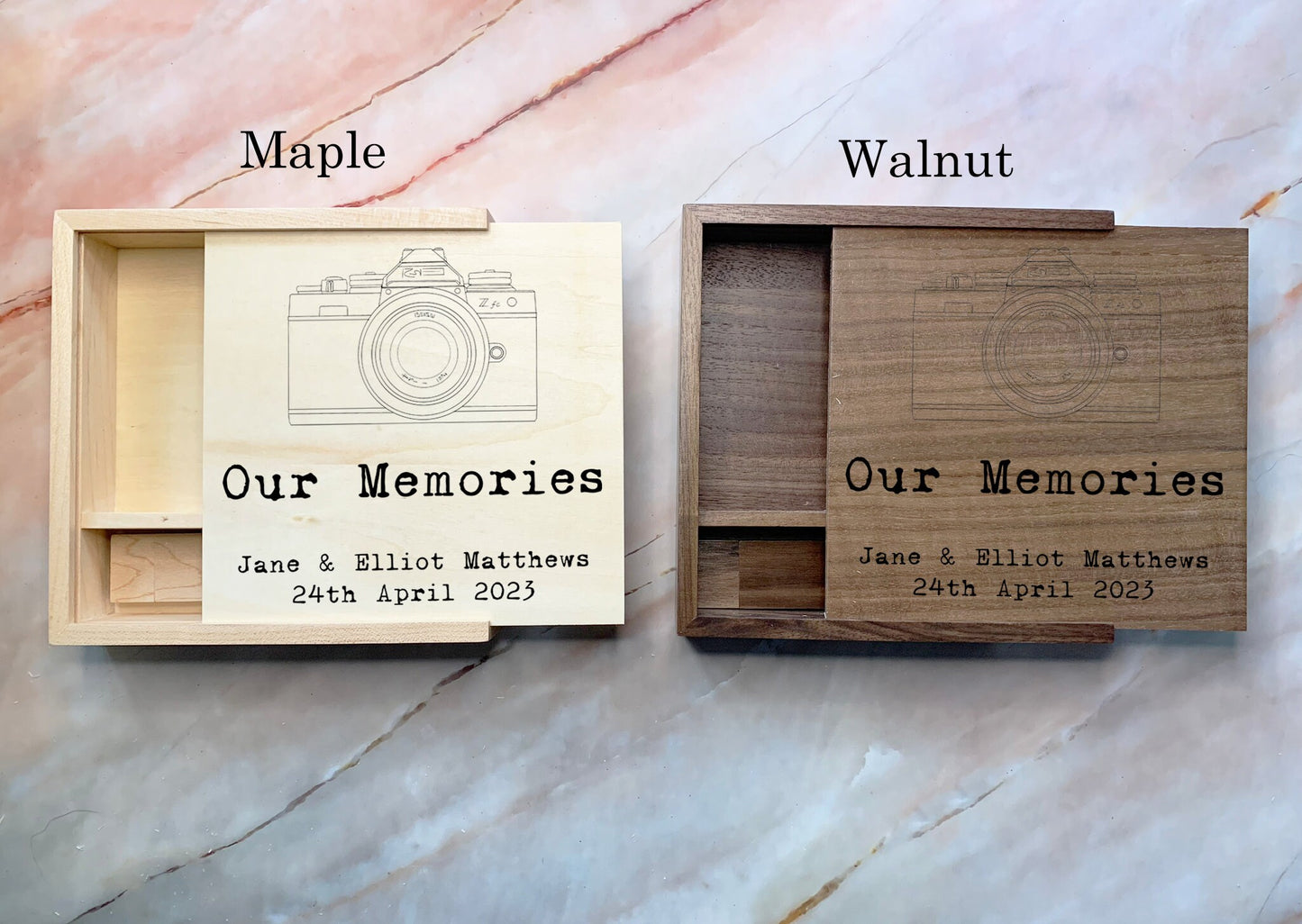 Resplendent Aurora | Personalised Wedding Memories Flash Drive USB Stick With Large Wooden Box in Maple or Walnut, 4GB, 8GB, 16GB, 32GB, 64GB with camera