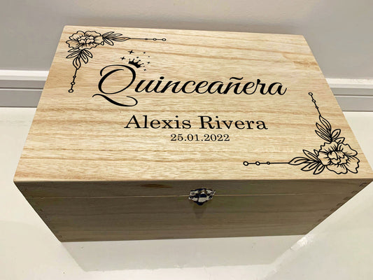 Large Personalised Engraved Wooden Quinceanera 15th Birthday Keepsake Memory Box - Resplendent Aurora