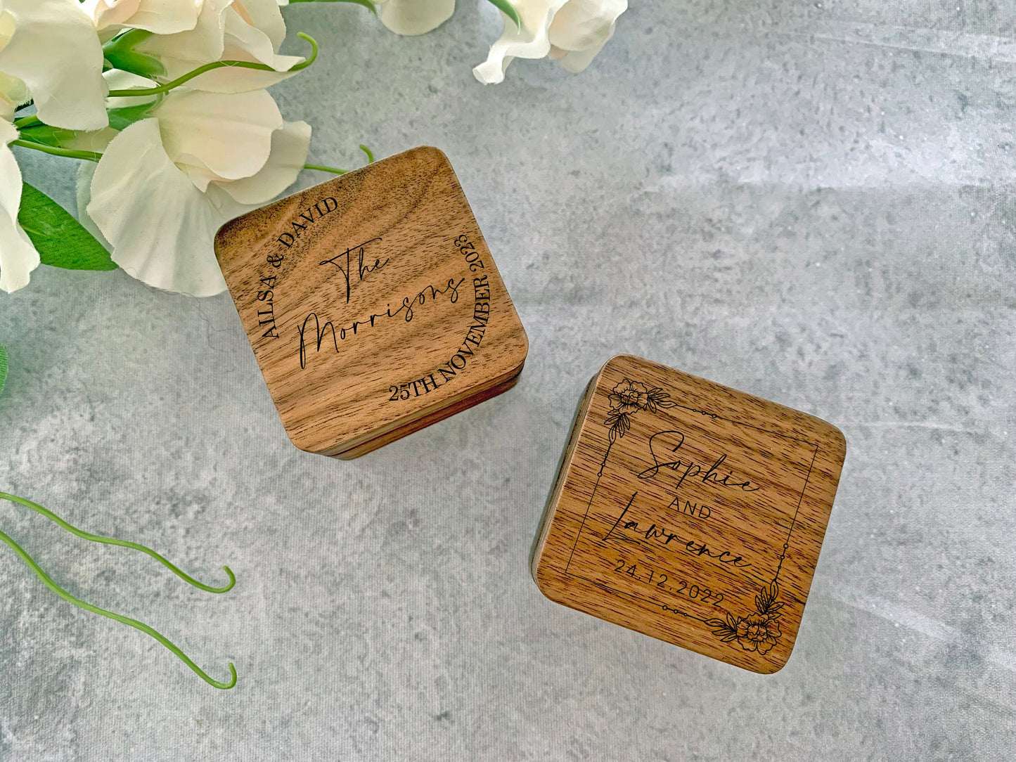 Personalised Square Engraved Wooden Wedding Ring Box, Engagement Ring Box with Peonies, Floral Ring Box - Resplendent Aurora