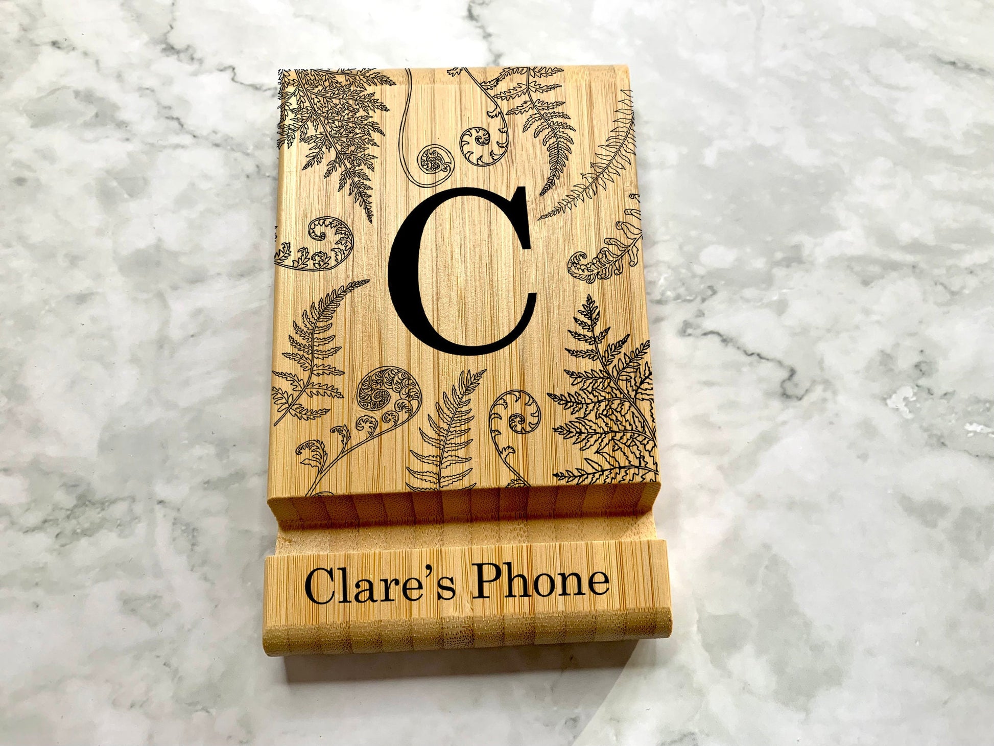 Personalised Engraved Bamboo Wooden Phone Holder, iPad Holder, Tablet Holder, iPad Stand, Tablet Stand, Phone Stand with Ferns - Resplendent Aurora