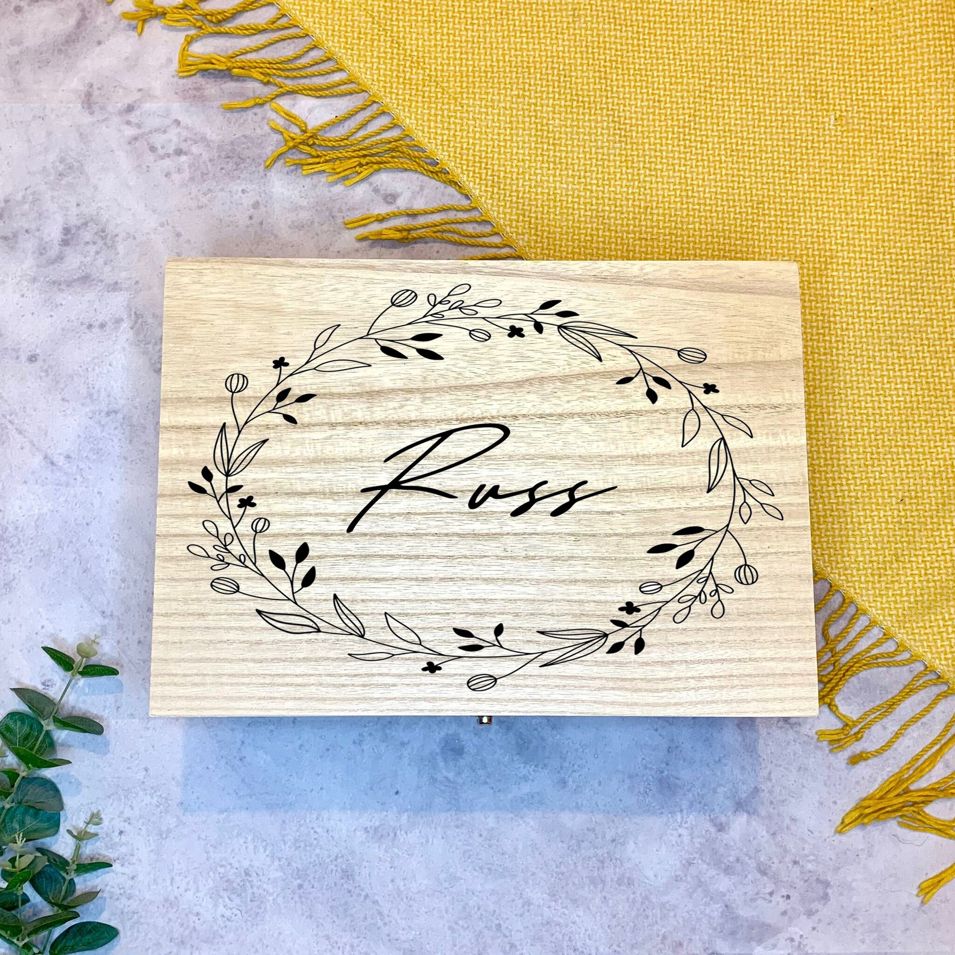 Large Personalised Engraved Wooden Keepsake Memory Box with an Oval surround of Berries and Leaves - Resplendent Aurora