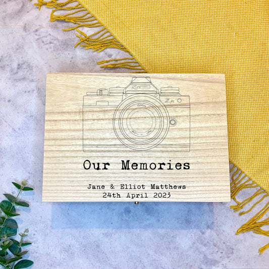 Large Personalised Engraved Wooden Wedding Keepsake Memory Box with Retro Camera - Resplendent Aurora