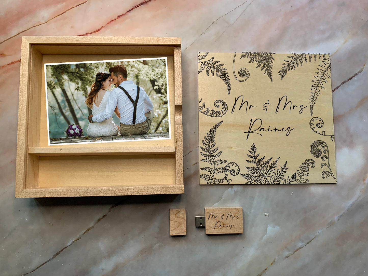 Personalised Wedding Memories Flash Drive USB Stick With Large Wooden Box in Maple or Walnut, 4GB, 8GB, 16GB, 32GB, 64GB with ferns - Resplendent Aurora