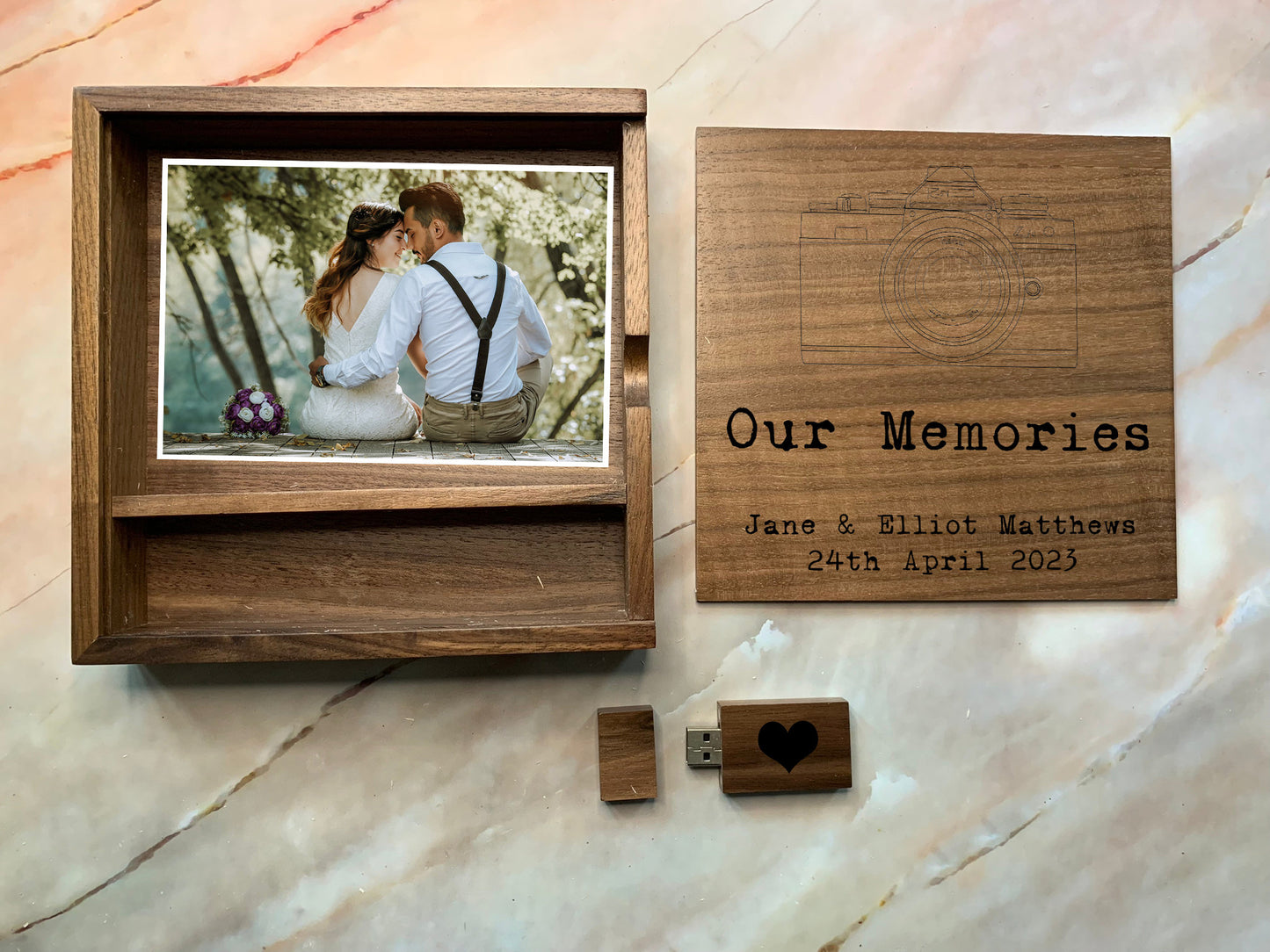 Resplendent Aurora | Personalised Wedding Memories Flash Drive USB Stick With Large Wooden Box in Maple or Walnut, 4GB, 8GB, 16GB, 32GB, 64GB with camera