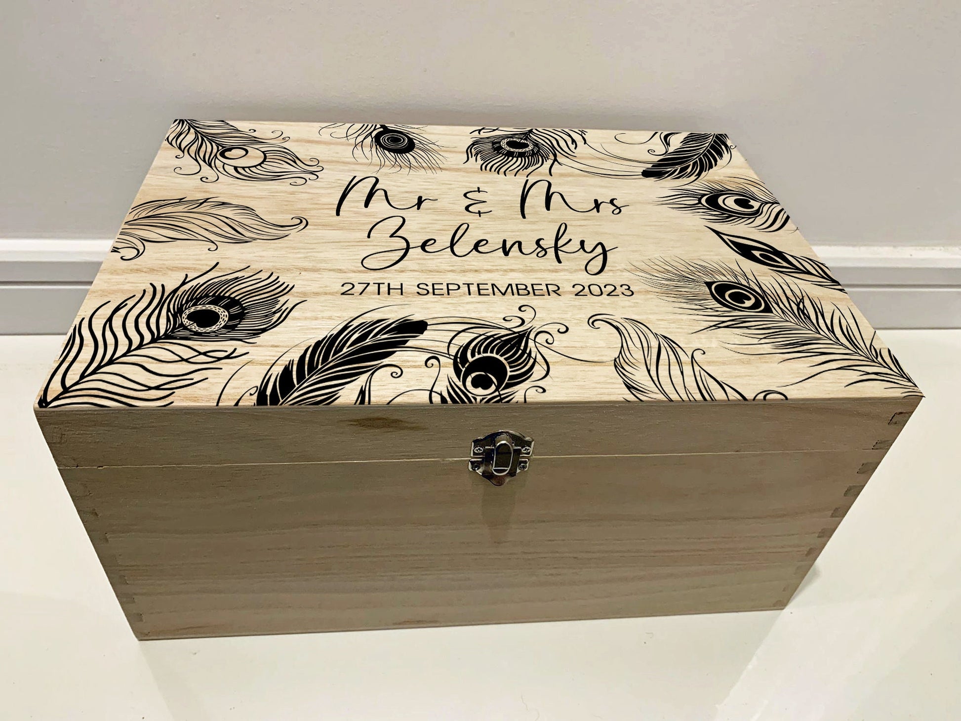 Large Personalised Engraved Wooden Wedding Keepsake Memory Box with Peacock Feathers - Resplendent Aurora