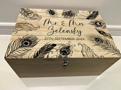 Large Personalised Engraved Wooden Wedding Keepsake Memory Box with Peacock Feathers - Resplendent Aurora
