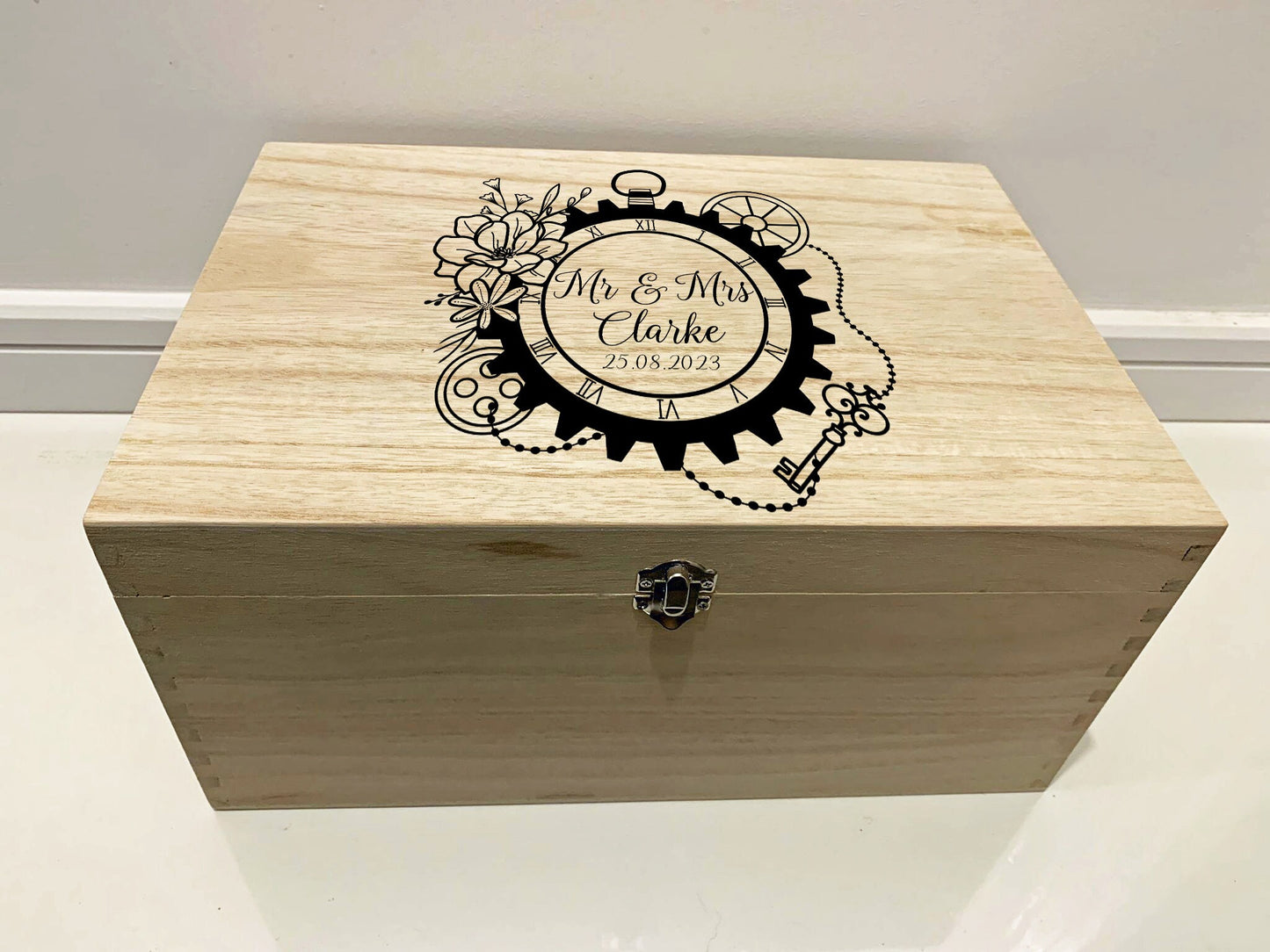 Large Personalised Engraved Wooden Steampunk Wedding Keepsake Memory Box with Gears and Flowers - Resplendent Aurora