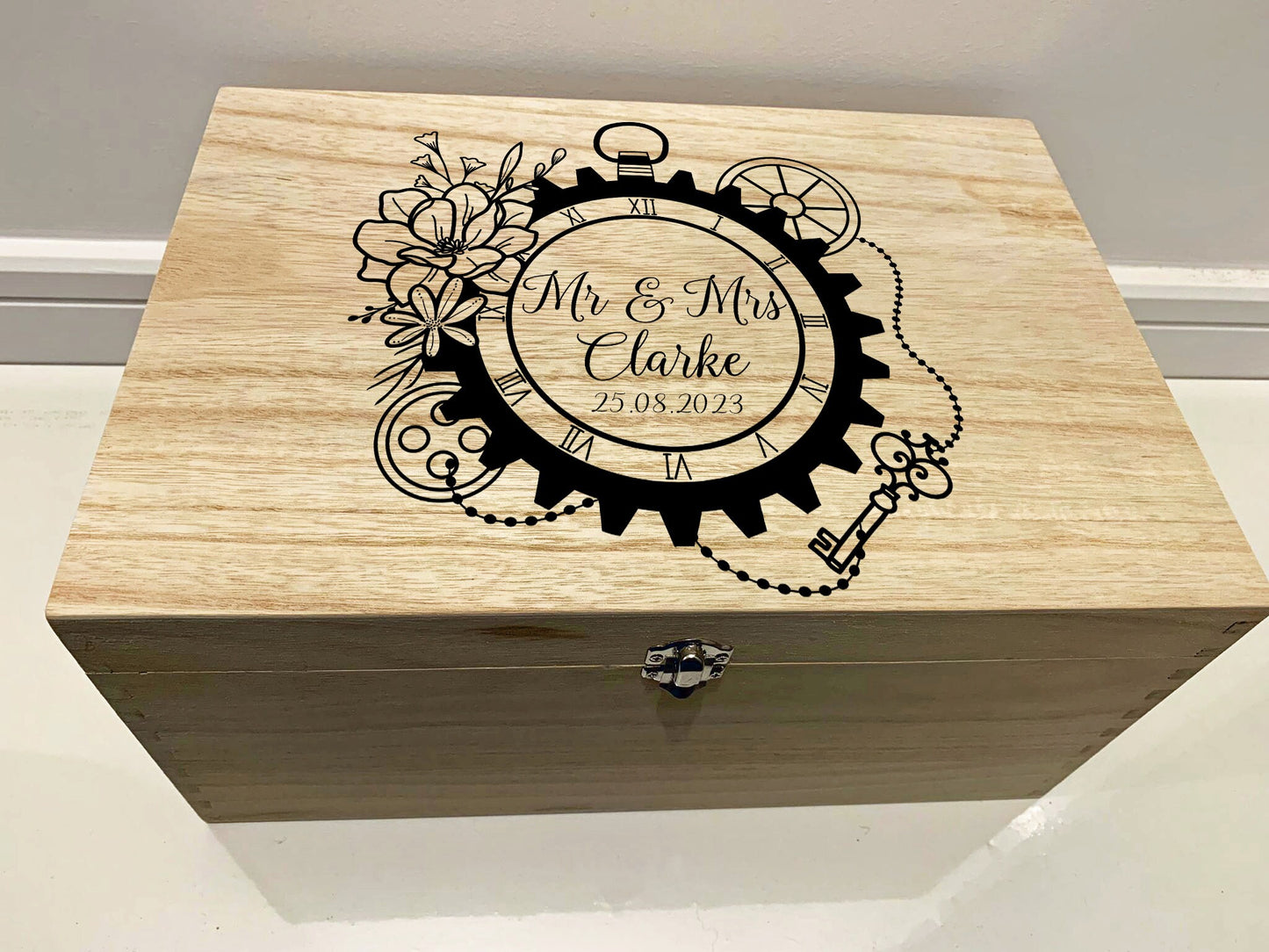 Large Personalised Engraved Wooden Steampunk Wedding Keepsake Memory Box with Gears and Flowers - Resplendent Aurora