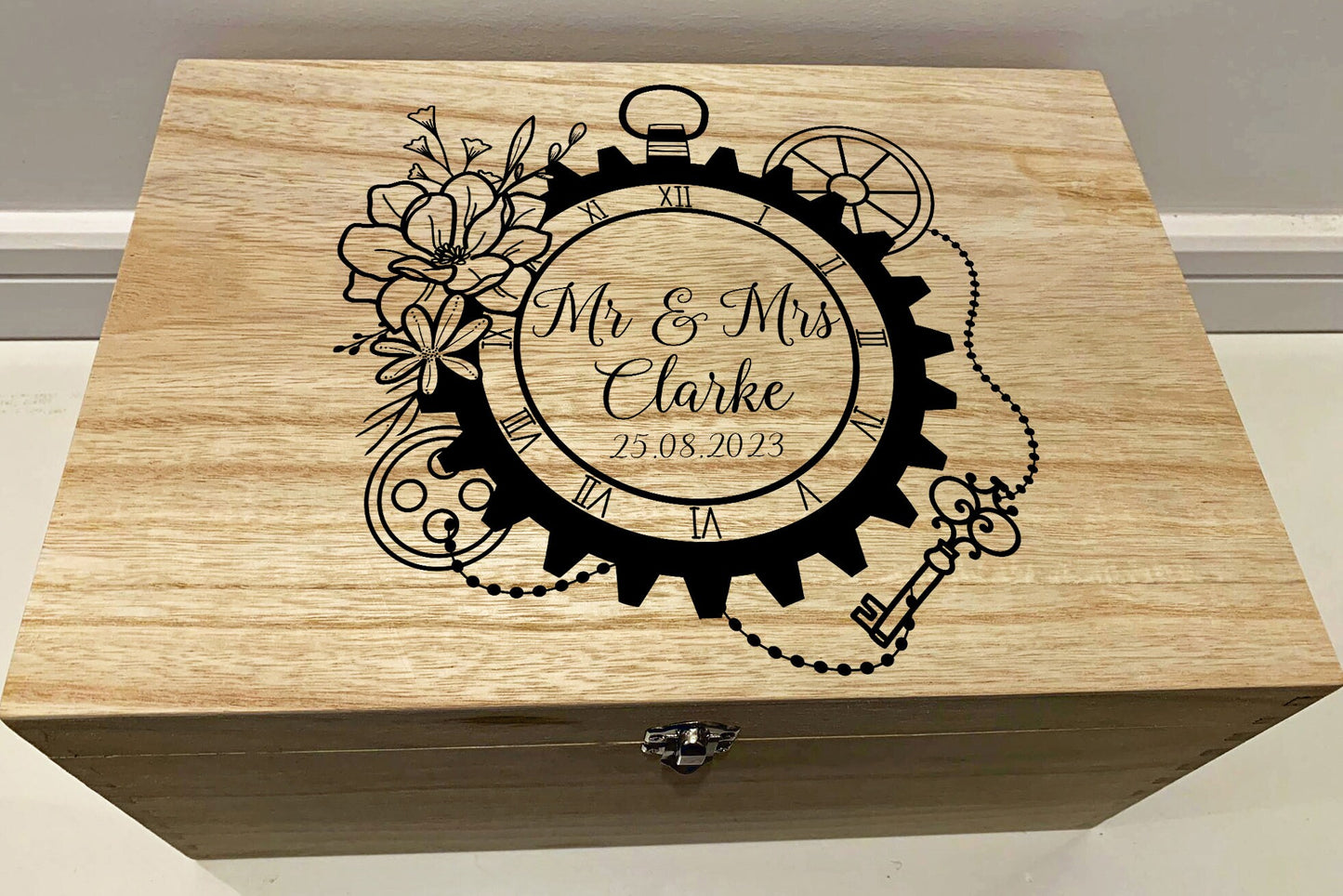 Large Personalised Engraved Wooden Steampunk Wedding Keepsake Memory Box with Gears and Flowers - Resplendent Aurora