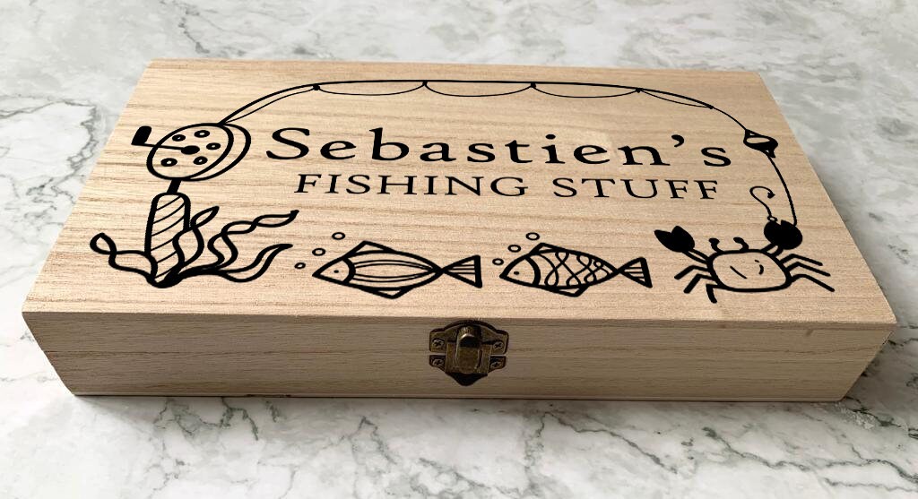 Personalised Engraved Wooden Fishing Box, Tackle Box with Fishing Line, Fish and Crab - Resplendent Aurora