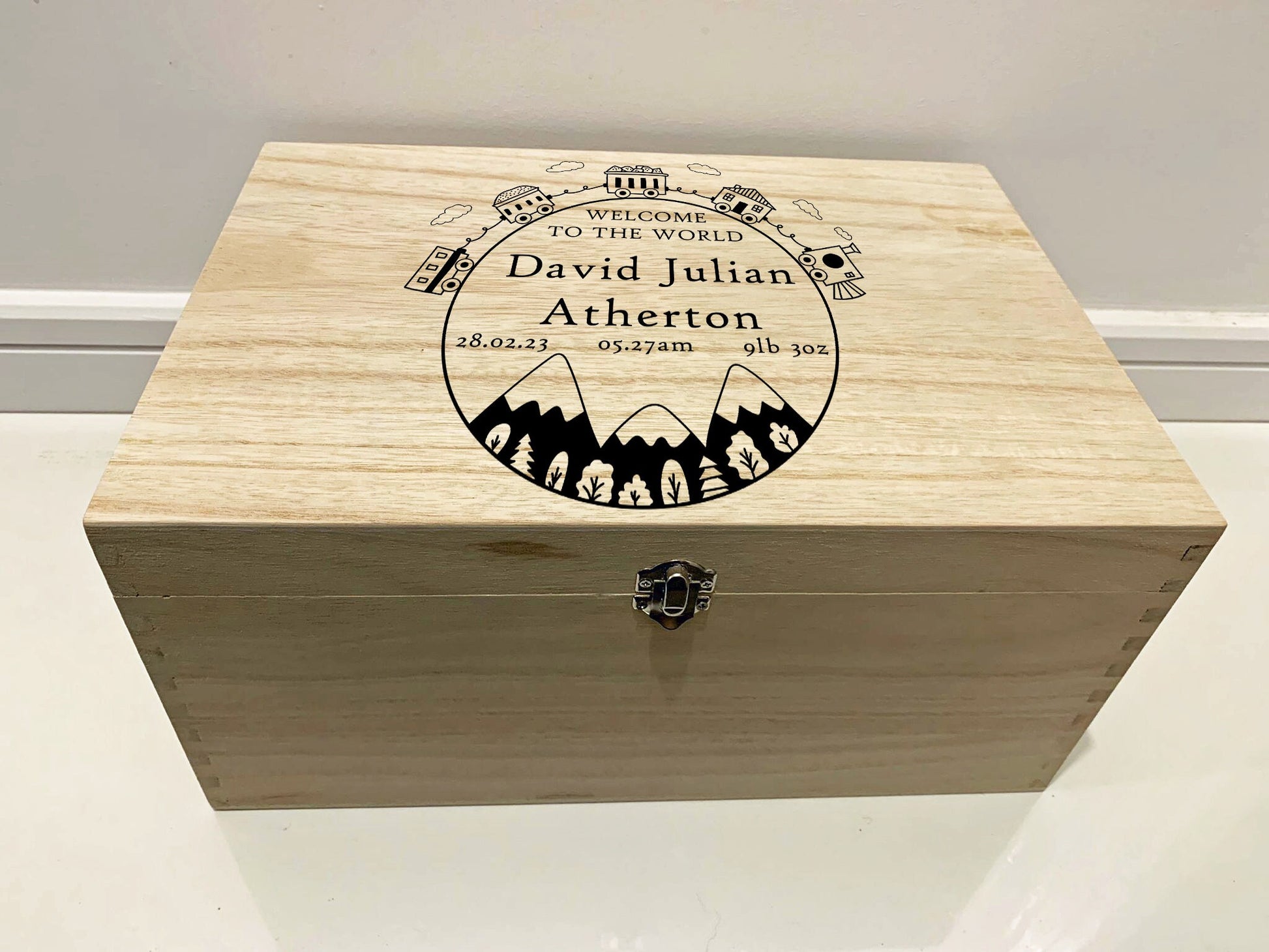 Large Personalised Engraved Wooden Baby Keepsake Memory Box with Train set and Mountains - Resplendent Aurora