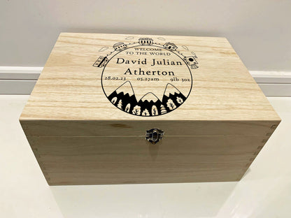 Large Personalised Engraved Wooden Baby Keepsake Memory Box with Train set and Mountains - Resplendent Aurora