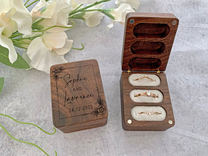 Personalised Rectangle Engraved Wooden Wedding Ring Box, Engagement Ring Box with Peonies, Floral Ring Box, Anniversary Gift - Resplendent Aurora