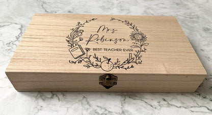 Resplendent Aurora | Personalised Engraved Wooden Best Teacher Ever Gift Box, Pencil Box, Pencil Case