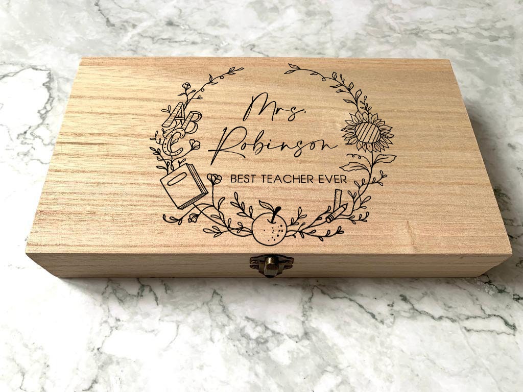 Resplendent Aurora | Personalised Engraved Wooden Best Teacher Ever Gift Box, Pencil Box, Pencil Case