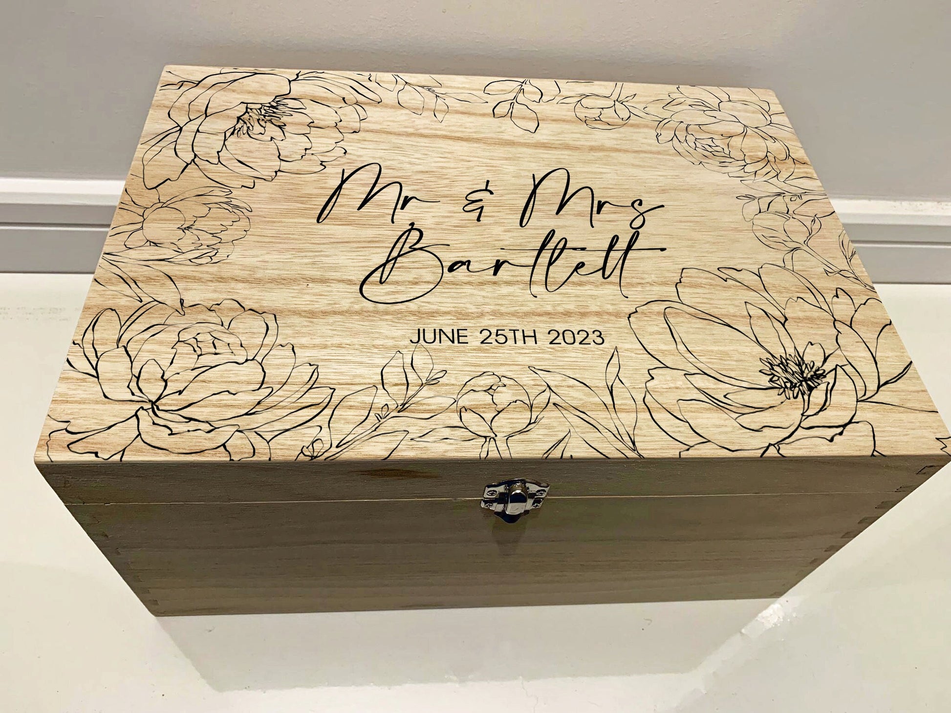 Large Personalised Engraved Wooden Floral Wedding Keepsake Memory Box with Peonies - Resplendent Aurora