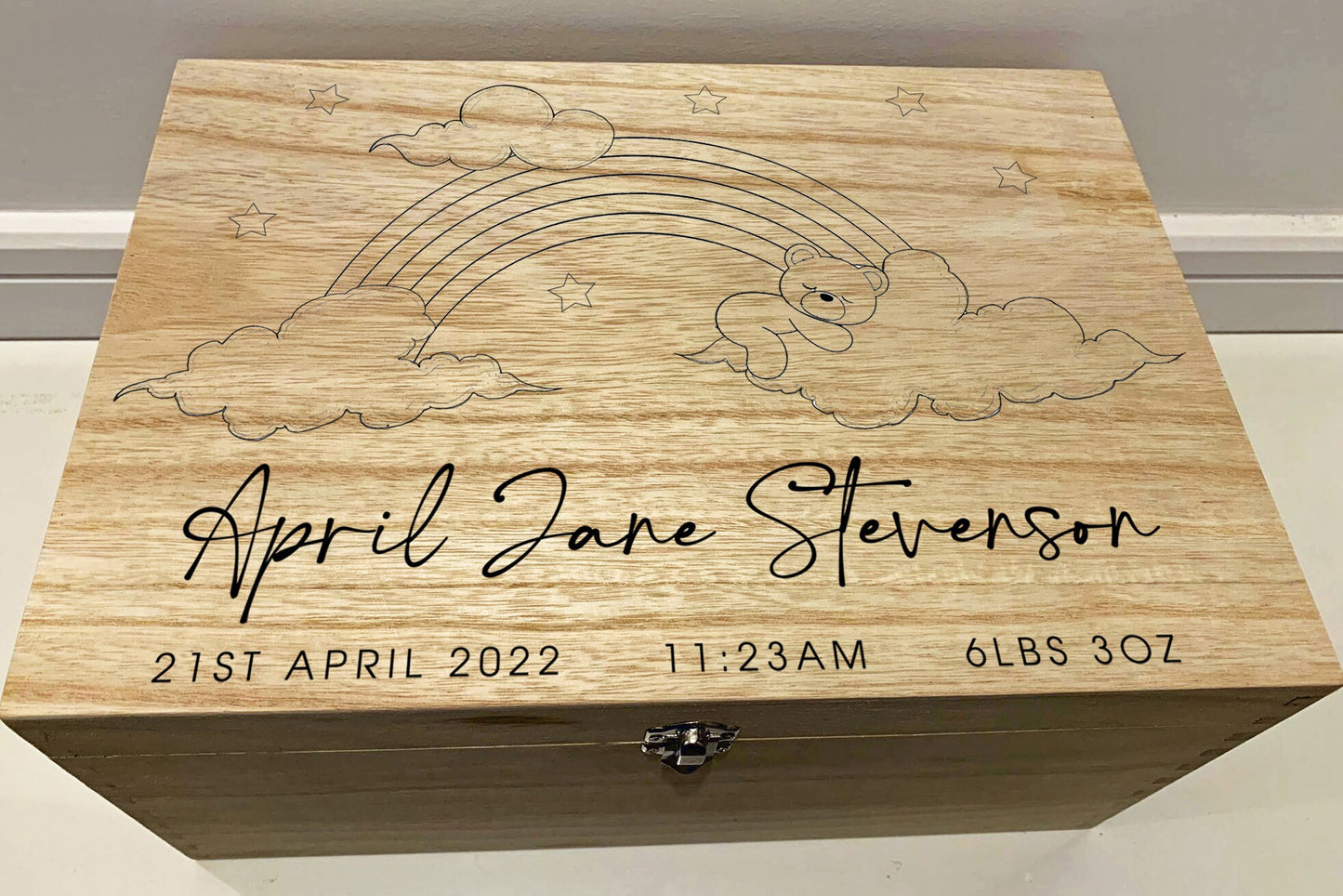 Large Personalised Engraved Wooden Baby Keepsake Memory Box, Baby Bear in the Clouds, Rainbow Baby - Resplendent Aurora