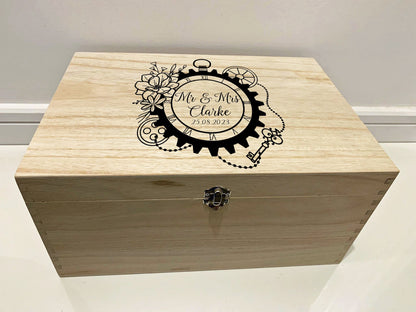 Large Personalised Engraved Wooden Steampunk Wedding Keepsake Memory Box with Gears and Flowers - Resplendent Aurora