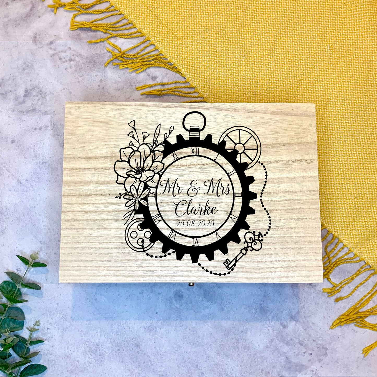 Large Personalised Engraved Wooden Steampunk Wedding Keepsake Memory Box with Gears and Flowers - Resplendent Aurora