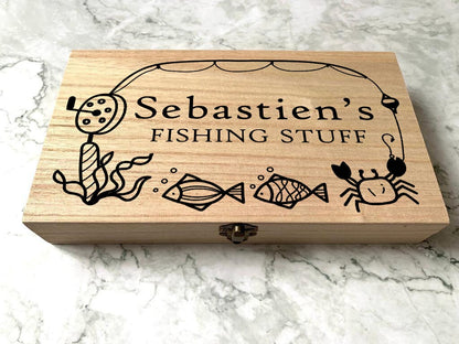 Personalised Engraved Wooden Fishing Box, Tackle Box with Fishing Line, Fish and Crab - Resplendent Aurora