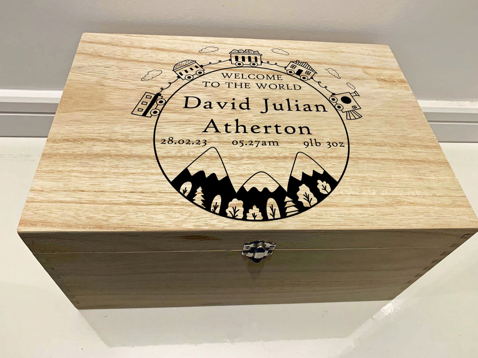 Large Personalised Engraved Wooden Baby Keepsake Memory Box with Train set and Mountains - Resplendent Aurora