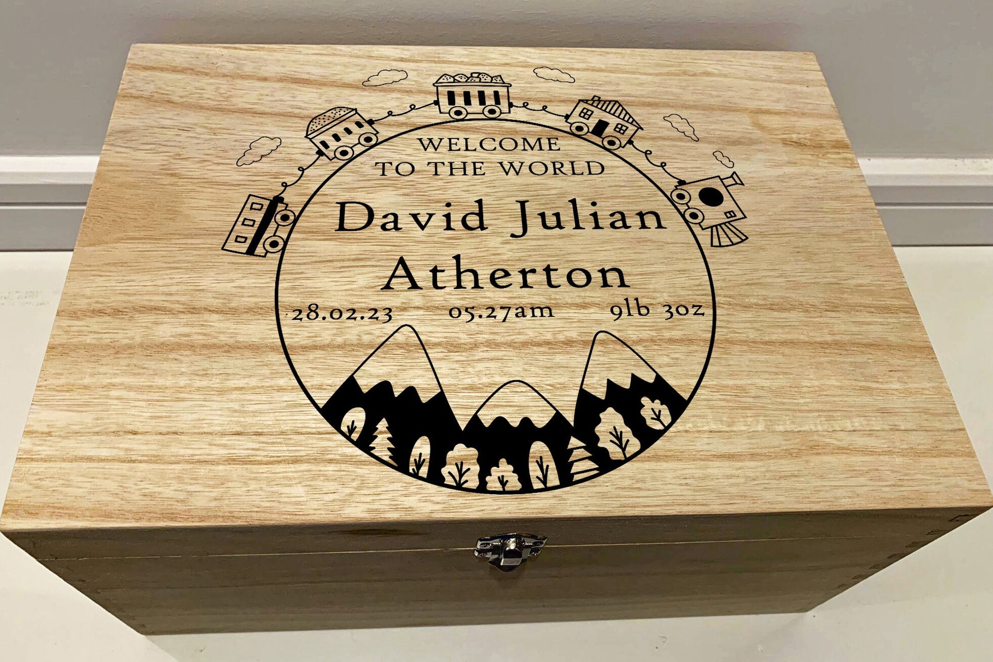 Large Personalised Engraved Wooden Baby Keepsake Memory Box with Train set and Mountains - Resplendent Aurora