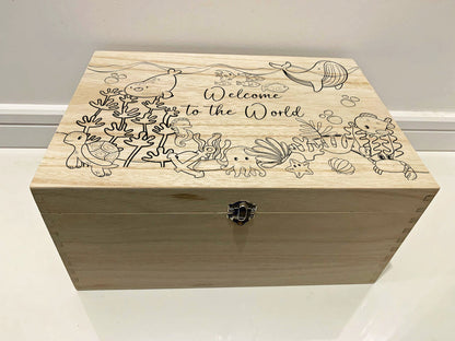 Large Personalised Engraved Wooden Baby Keepsake Memory Box with Under the Sea animals - Resplendent Aurora