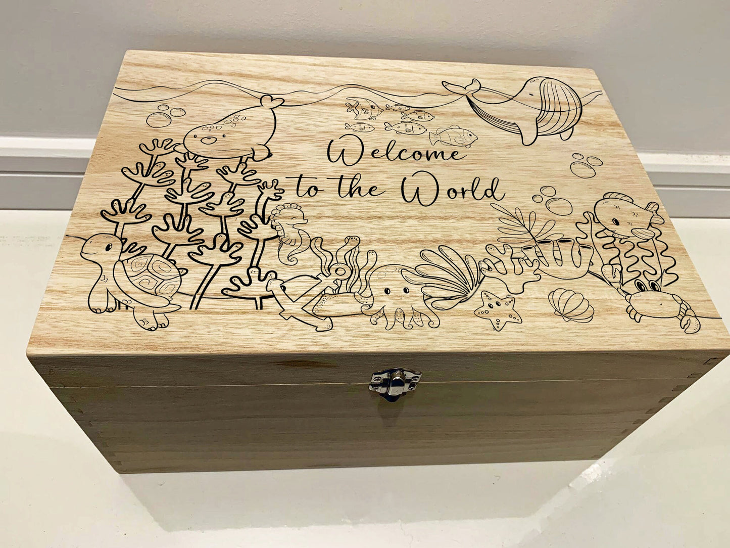 Large Personalised Engraved Wooden Baby Keepsake Memory Box with Under the Sea animals - Resplendent Aurora