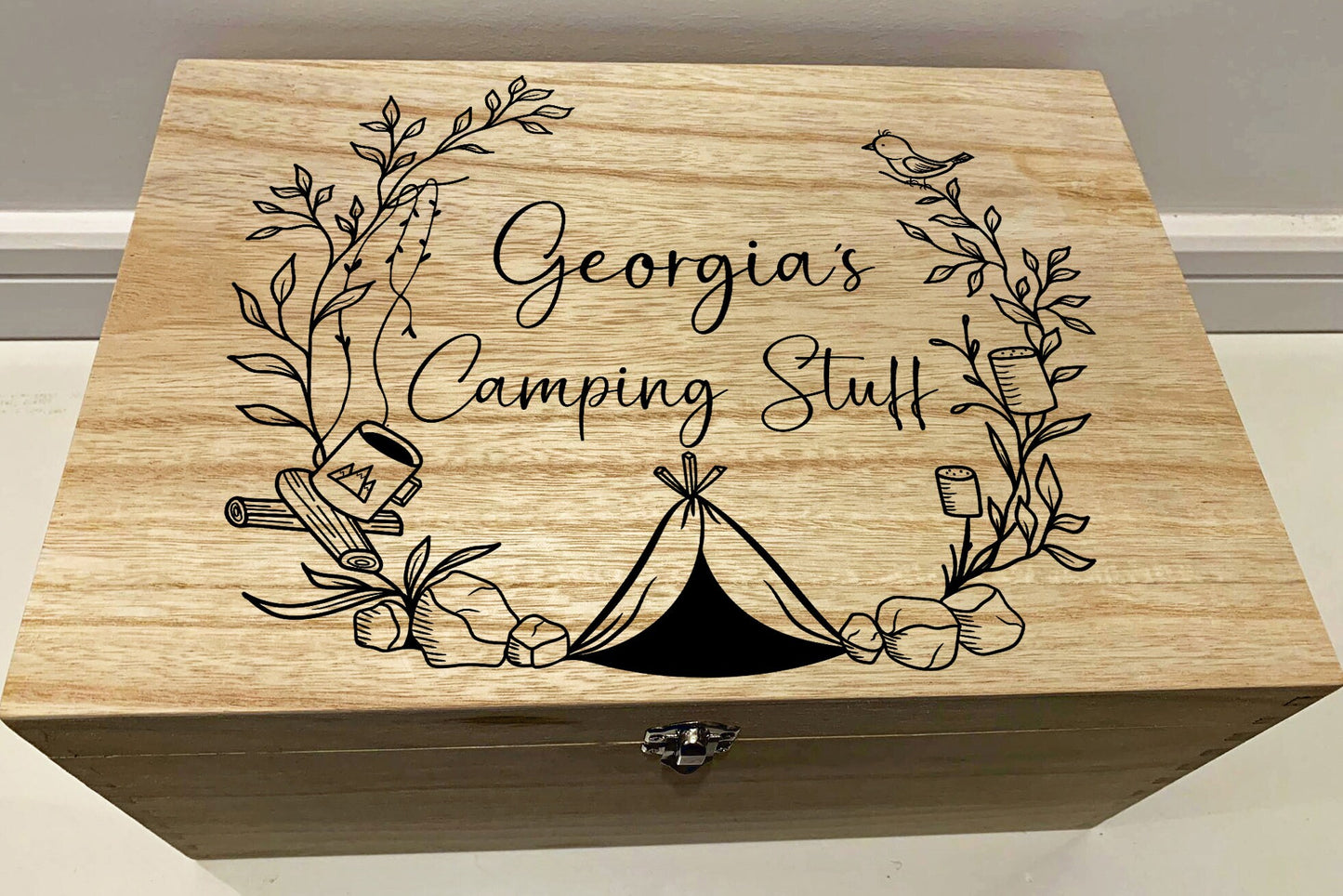 Large Personalised Engraved Wooden Keepsake Memory Box for Camping - Resplendent Aurora