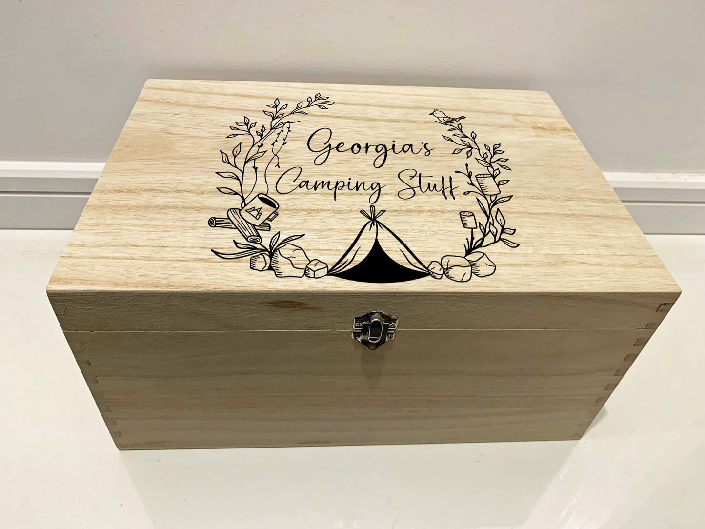 Large Personalised Engraved Wooden Keepsake Memory Box for Camping - Resplendent Aurora