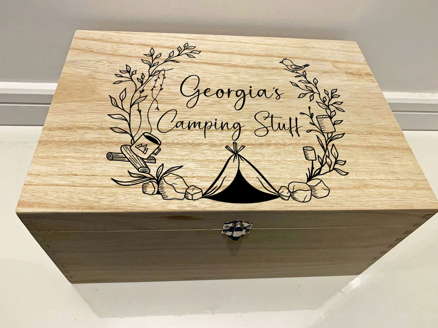 Large Personalised Engraved Wooden Keepsake Memory Box for Camping - Resplendent Aurora