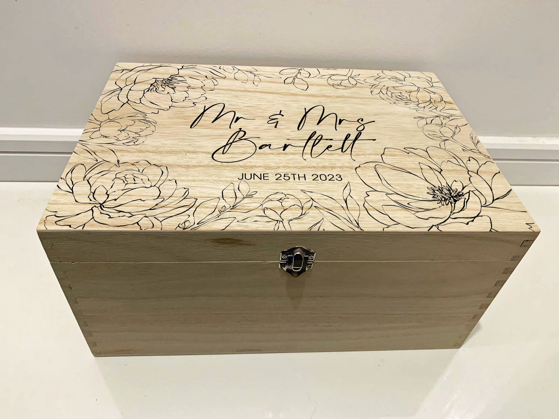 Large Personalised Engraved Wooden Floral Wedding Keepsake Memory Box with Peonies - Resplendent Aurora