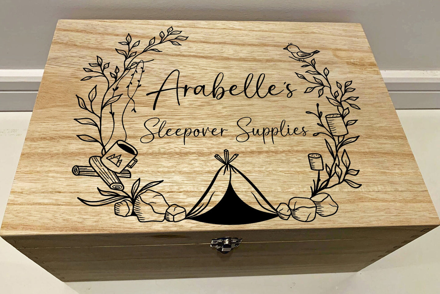 Large Personalised Engraved Wooden Keepsake Memory Box for Sleepover - Resplendent Aurora