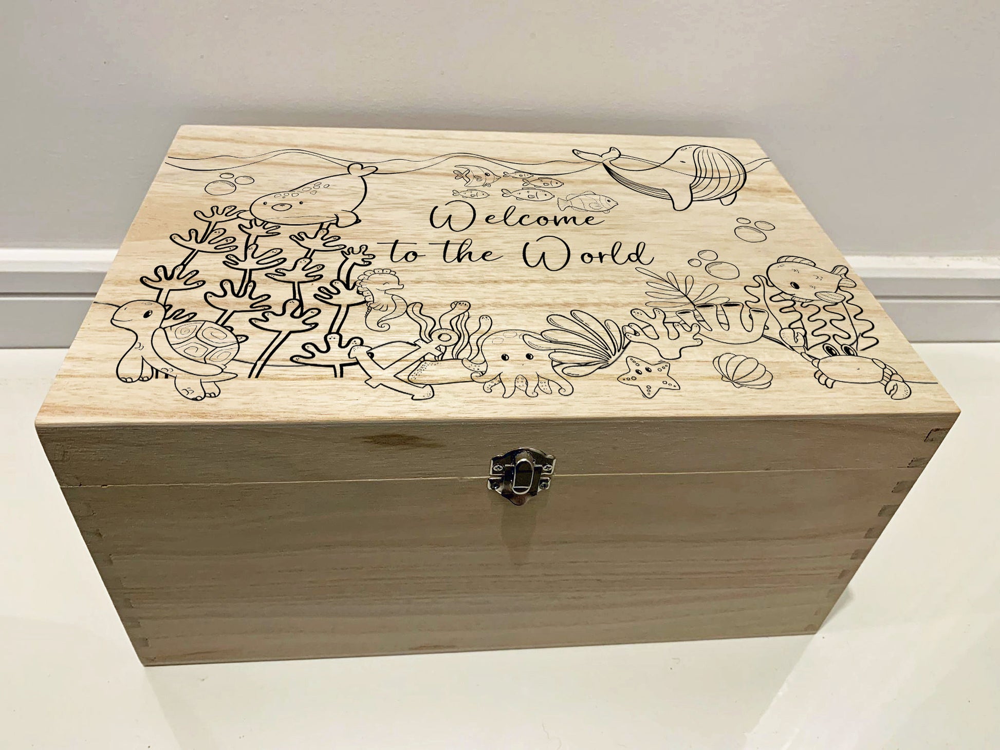 Large Personalised Engraved Wooden Baby Keepsake Memory Box with Under the Sea animals - Resplendent Aurora